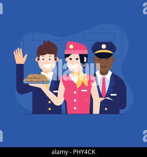 Aircraft Crew with Stewardess Offering Food Stock Vector