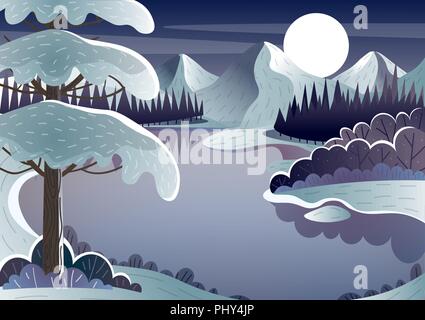 Night winter landscape. Mountain lake and moon Stock Vector