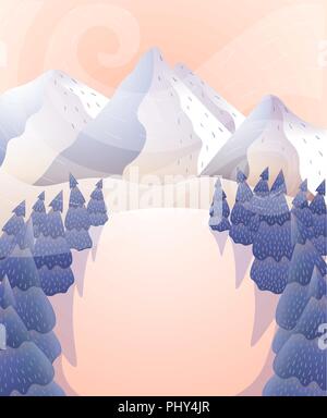 Winter landscape. Mountains and forest at sunset Stock Vector