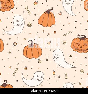 Vector Halloween repeat pattern with pumpkins, ghosts with scary faces, bones, skulls and candy corn in sketch style. Hand drawn autumn holiday decora Stock Vector