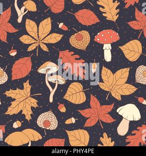 Vector autumn seamless pattern with oak, poplar, beech, maple, aspen and horse chestnut leaves, mushrooms, acorns and physalis on the dark blue dotted Stock Vector