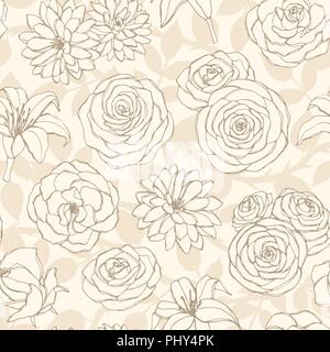 Vector seamless pattern with lily, chrysanthemum, camellia, peony and rose flowers line art on the beige background. Hand drawn floral repeat ornament Stock Vector