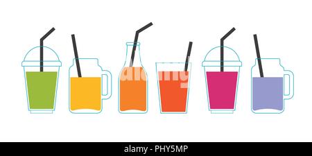 Collection of different colorful smoothies, fruit shakes in a bottles, glass, mason jars Stock Vector