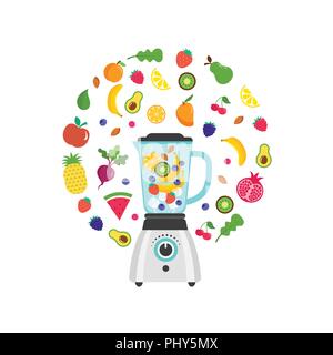 Blender with smoothie, fruit shake, with a set of vector fruits and berries Stock Vector