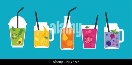 Collection of different colorful smoothies, fruit shakes in a bottles, glass, mason jars Stock Vector