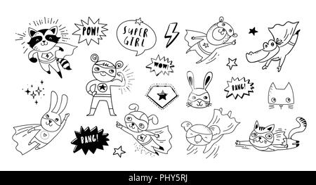 Superhero cute hand drawn animals, cat, dog, panda, bear and crocodile vector black and white characters Stock Vector