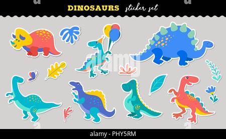 Cute Dinosaurs sticker collection, different types of prehistoric animals, cute illustration for children Stock Vector
