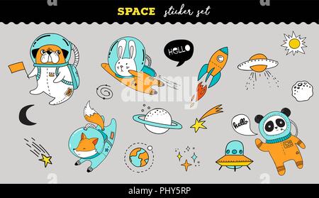 Outer Space sticker collection. Cute animals astronauts in helmets, creative nursery designs, perfect for kids room, fabric, wrapping, wallpaper, text Stock Vector