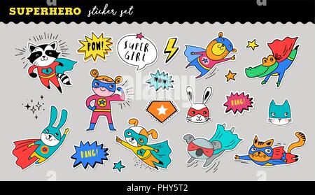 Superhero animals cute sticker collection. Vector hand drawn illustrations Stock Vector