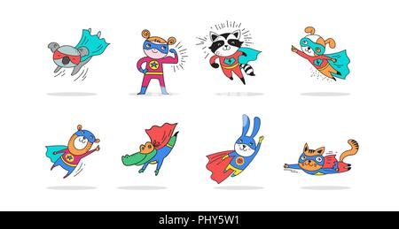 Superhero cute hand drawn animals, cat, dog, panda, bear and crocodile vector characters Stock Vector