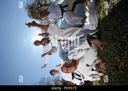 Members of Munich Karate Club USC show their sport at the big maple ground in the Karwendel Alps, Austria Stock Photo