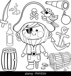 Pirate captain with a hook and a wooden leg and other pirate theme illustrations. Vector black and white coloring book page Stock Vector