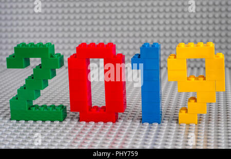 Tambov, Russian Federation - September 02, 2018 New year 2019 concept by Lego. Studio shot. Stock Photo