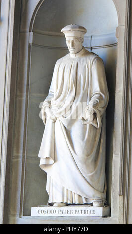 Statue of Cosimo di Giovanni de Medici, called the Elder and posthumously Father of the Fatherland or pater patriae, a famous statesman and banker, in Stock Photo