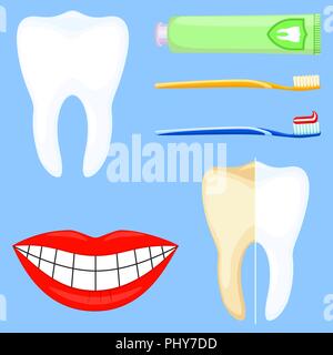 Cartoon dental care. Teeth cleaning with toothpaste and toothbrush ...