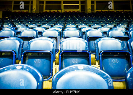 rows of empty blue seats in a stadium Stock Photo
