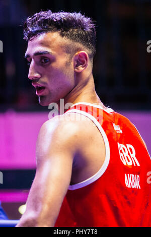 YORK HALL, LONDON - APRIL 22, 2018: Harris Akbar competest at the National Elite Championships. Stock Photo