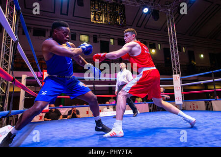 YORK HALL, LONDON - APRIL 22, 2018: Lewis Williams competes against Natty Ngwenya at the National Elite Championships. Stock Photo