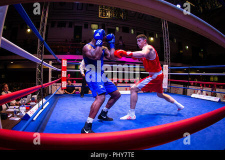 YORK HALL, LONDON - APRIL 22, 2018: Lewis Williams competes against Natty Ngwenya at the National Elite Championships. Stock Photo