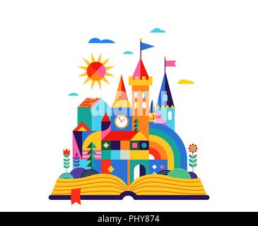 Open book with geometric fairy tale kingdom, knight castle, children room, class wall decoration. Colorful vector illustration Stock Vector