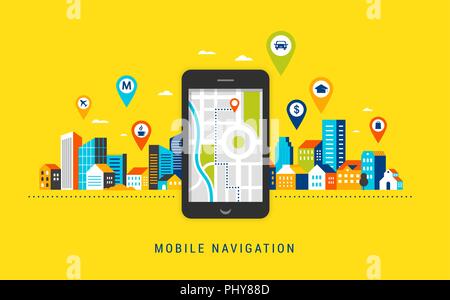 Mobile navigation app concept. Route map with symbols showing location with a urban, city landsape on background Stock Vector