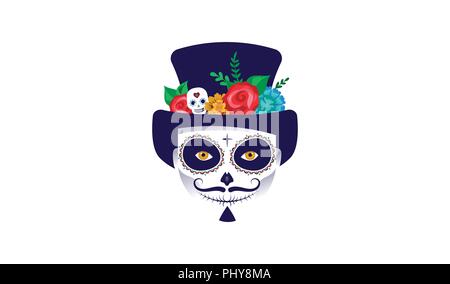 Dia de los muertos, Day of the dead, Mexican holiday, festival. Poster, banner and card. Man with make up of sugar skull Stock Vector