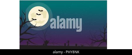 Halloween Background with Bats, Zombies and Full Moon. Flyer or Invitation Template for Halloween Party with Empty Space for your Text. illustration. Stock Vector