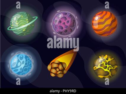 Set of fantasy colorful planets. Cosmic collection Stock Vector