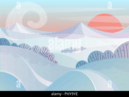 Winter landscape at sunset. Red sun and mountains Stock Vector