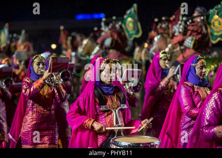 Performers for this year's Edinburgh Military Tattoo show the press and public this years performance on the castle esplanade in Edinburgh  Featuring: Sultanate of Oman Where: Edinburgh, United Kingdom When: 02 Aug 2018 Credit: Euan Cherry/WENN Stock Photo