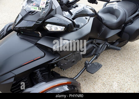 Closeup of a Can-Am’s Spyder F3 Limited, a Delta trikes motorcycle with two front wheels and one drive wheel on the back Stock Photo