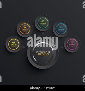 Infographics circle paper with 5 data template in dark background. Vector illustration abstract glossy. Can be used for workflow layout, business step Stock Vector