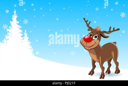 Cartoon deer on a winter background. A deer on the background of snowflakes and firs. A deer with a red nose. Stock Vector