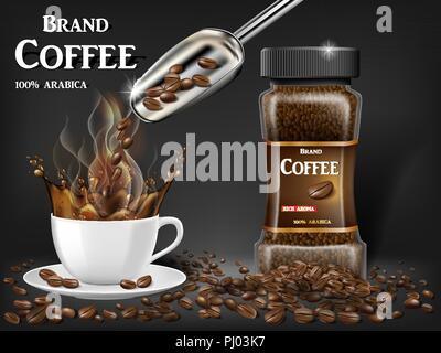 Black instant coffee cup with splash and beans ads. 3d illustration of hot coffee mug. Product design with bokeh background. Vector Stock Vector