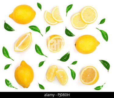Lemon decorated with green leaves isolated on white background. Seamless pattern with fruits. Top view. Flat lay. Stock Photo
