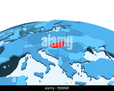 Map of Hungary in red on blue political globe with transparent oceans. 3D illustration. Stock Photo