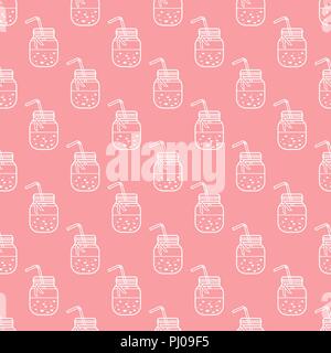 Seamless pattern with smoothie in jars and tubes. Healthy eating habits. Easy cooking process. Stock Vector