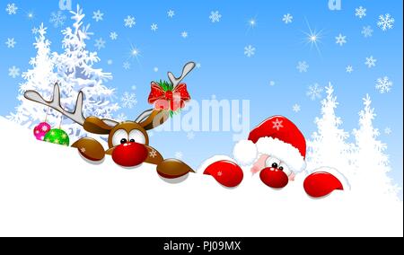 Santa and deer in winter, against the background of snow-covered fir trees. Santa and a deer with a red nose. Stock Vector