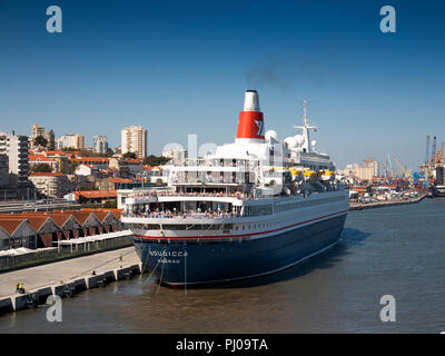 Portugal, Lisbon, MV Boudicca at cruise terminal looking towards Campo de Sta Clara Stock Photo