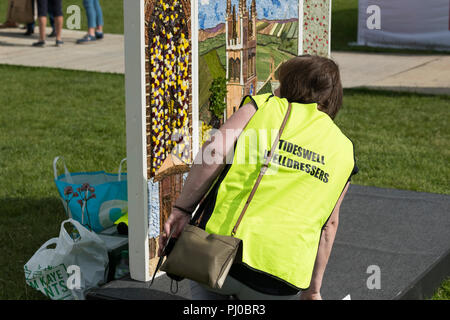 Female competitor in well dressing competition examines closely flower petals in artwork display - RHS Chatsworth Flower Show, Derbyshire, England, UK Stock Photo