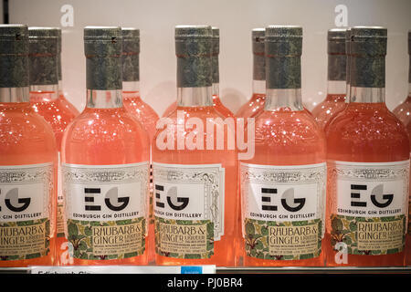 London, UK - August 12, 2018 - Bottles of Edinburgh Gin on display at a duty free shop in London Heathrow Airport Stock Photo