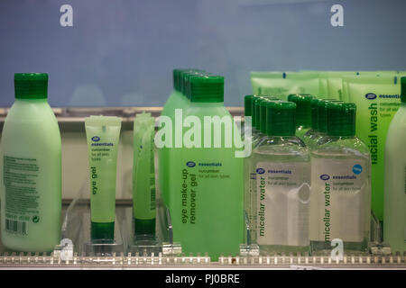 London, UK - August 12, 2018 - Skincare products on display at a duty free shop in London Heathrow Airport Stock Photo
