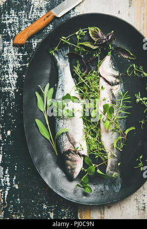 Flat-lay of raw uncooked sea bass with herbs on plate