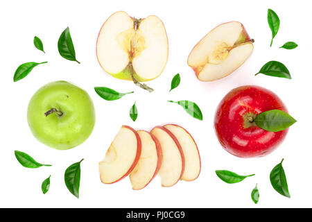 red and green apples with slices and leaves isolated on white background top view. Set or collection. Flat lay pattern Stock Photo