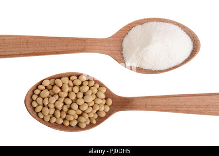 soybeans and dried soy milk in wooden spoon isolated on white background top view Stock Photo