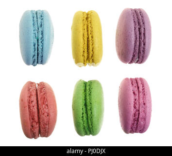 colored macaroons isolated on white background without a shadow closeup. Top view. Flat lay Stock Photo