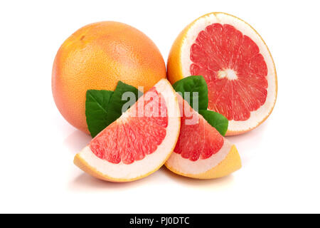 grapefruit and slice with leaves isolated on white background Stock Photo