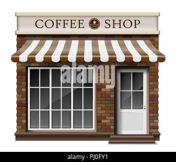 Exterior coffee boutique shop or cafe brick texture. Blank mockup of stylish realistic coffee street shop. Small 3d store front facade. vector illustration Stock Vector