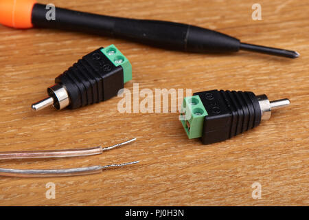 An adapter that converts the terminal for speaker wire into an RCA type Stock Photo