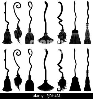 Set of different witch brooms isolated on white Stock Photo